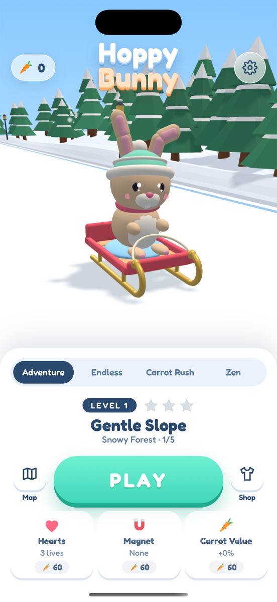 Hoppy Bunny main menu: the bunny in a mint beanie on a red sled, with Adventure, Endless, Carrot Rush and Zen modes