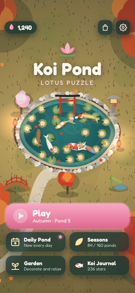 Koi Pond home screen: an autumn garden pond full of koi and lotus flowers, with Play, Daily Pond, Seasons, Garden and Koi Journal