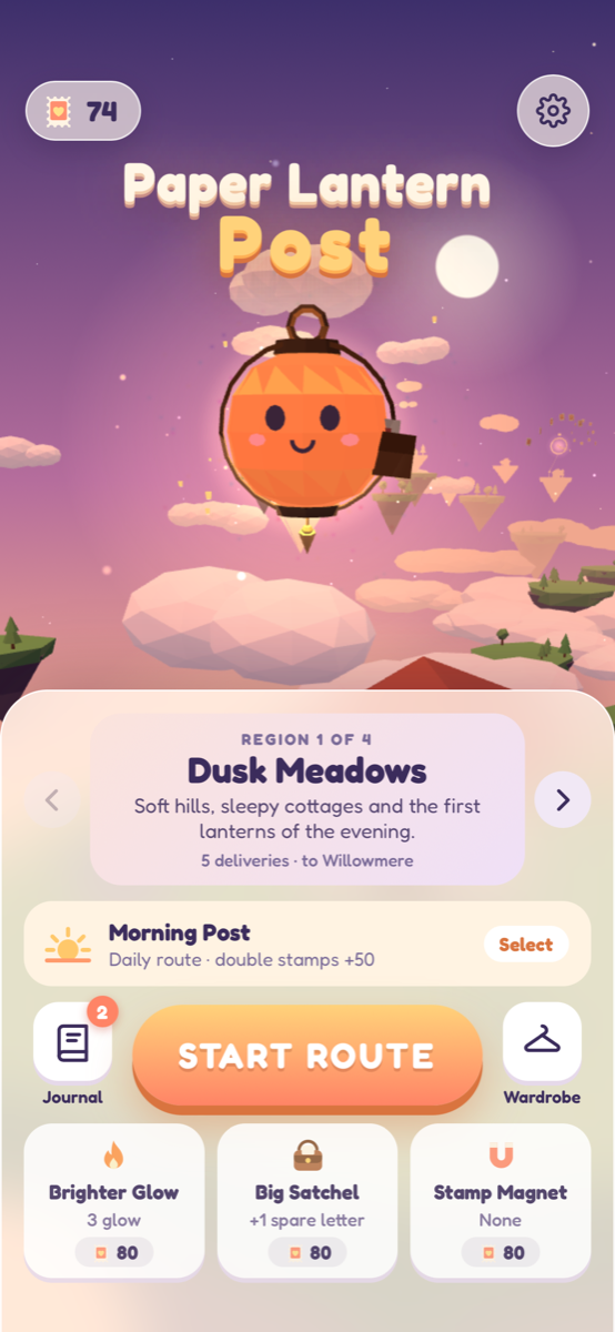 Paper Lantern Post main menu: the lantern floats above Dusk Meadows with the Start route button and Morning Post