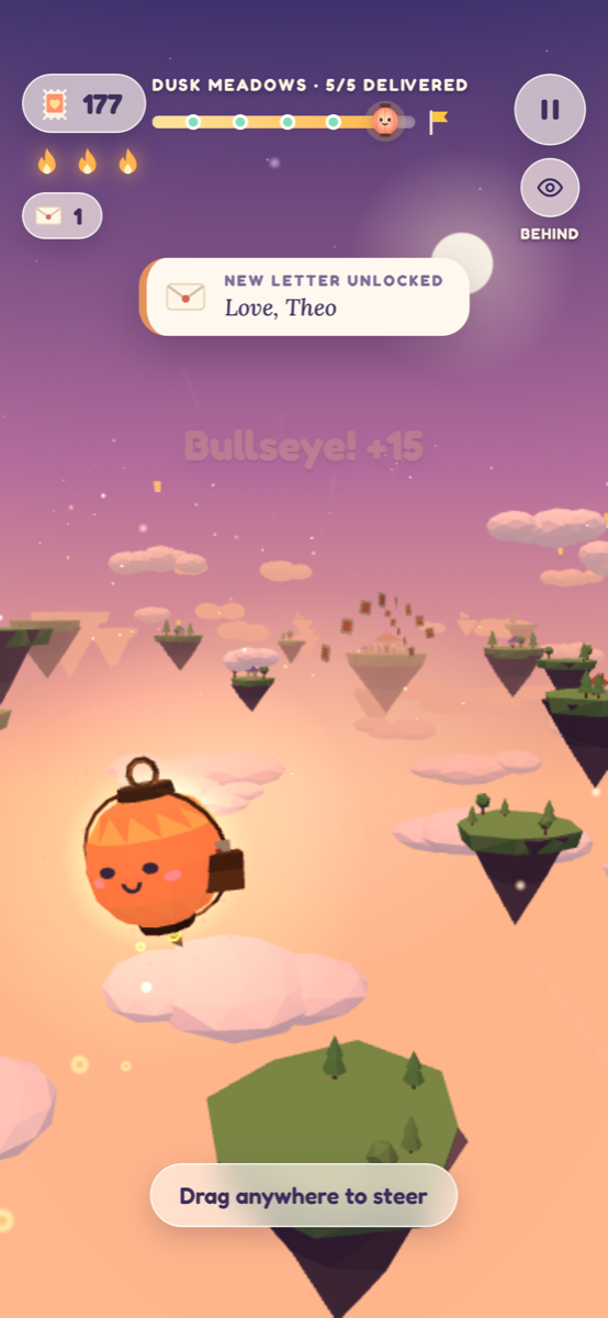 Paper Lantern Post gameplay: the paper lantern glides toward a glowing mailbox ring above floating islands