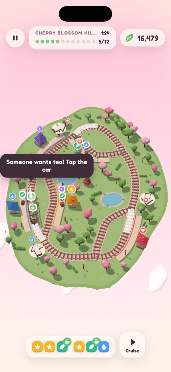 Tiny Tea Train main menu with the Start trip button, lines, garage, album and garden